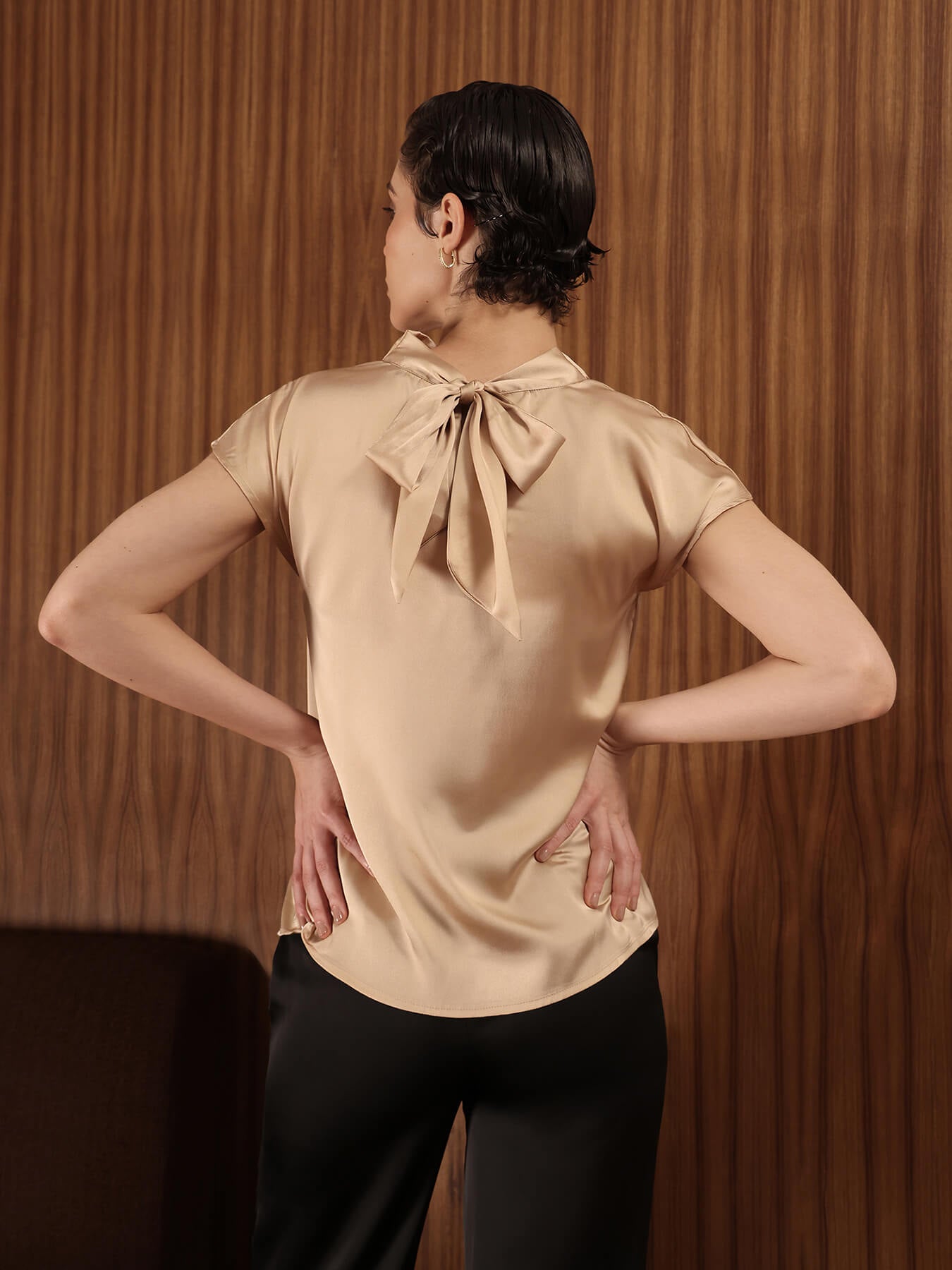 Satin Cowl Neck Top - Beige