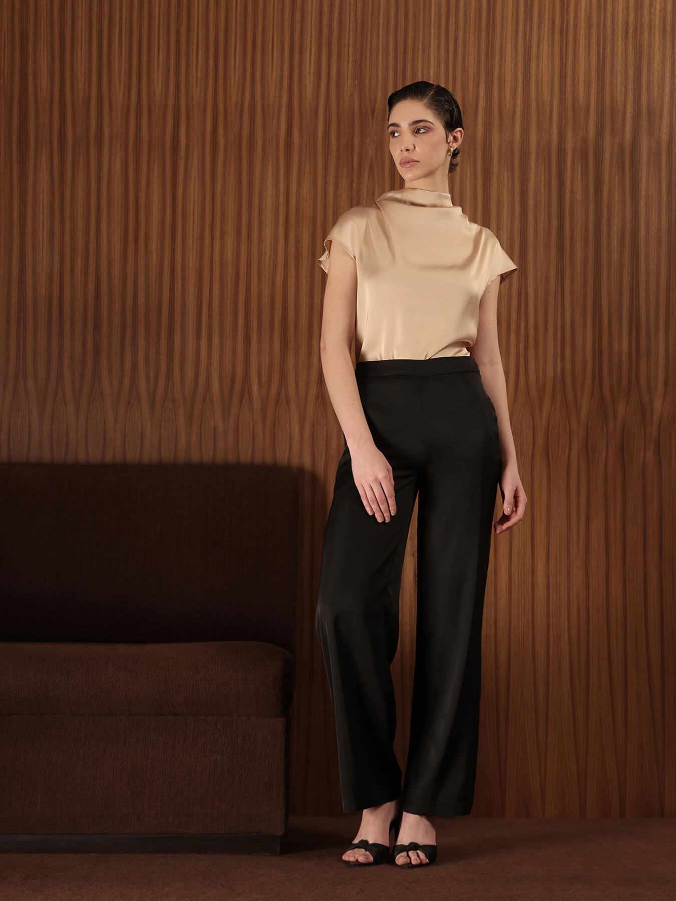 Satin Cowl Neck Top - Beige
