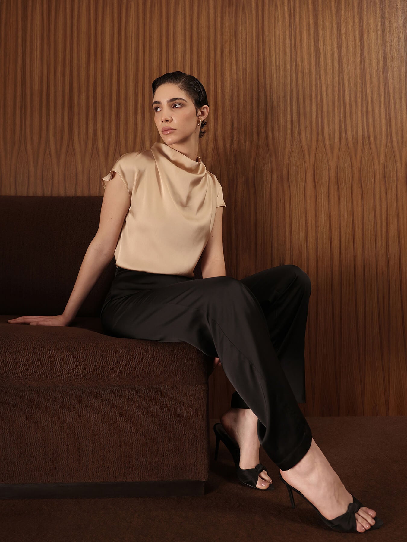 Satin Cowl Neck Top - Beige