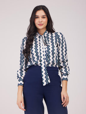 Chevron Print Tie-up Top - Navy