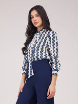 Chevron Print Tie-up Top - Navy