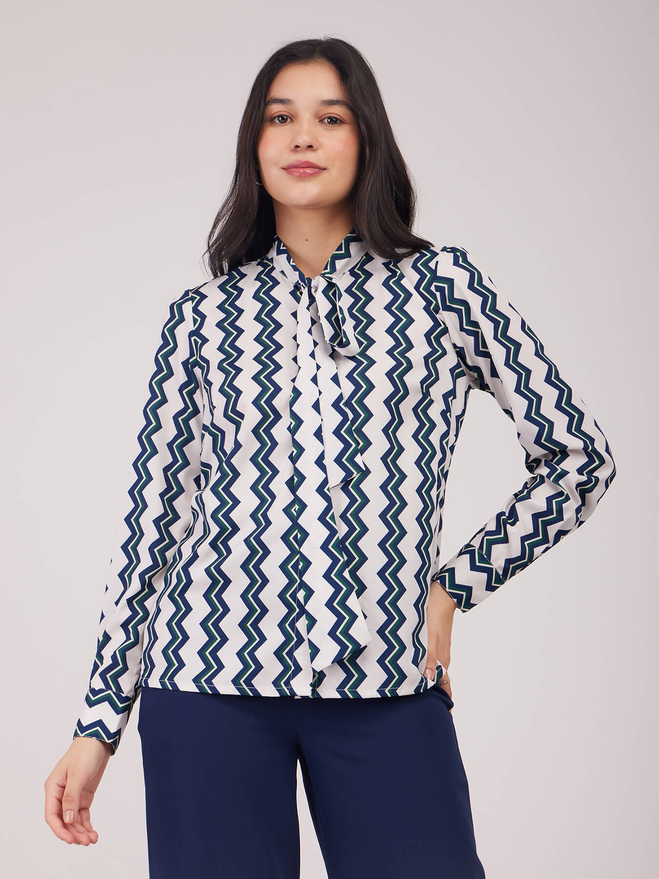 Chevron Print Tie-up Top - Navy