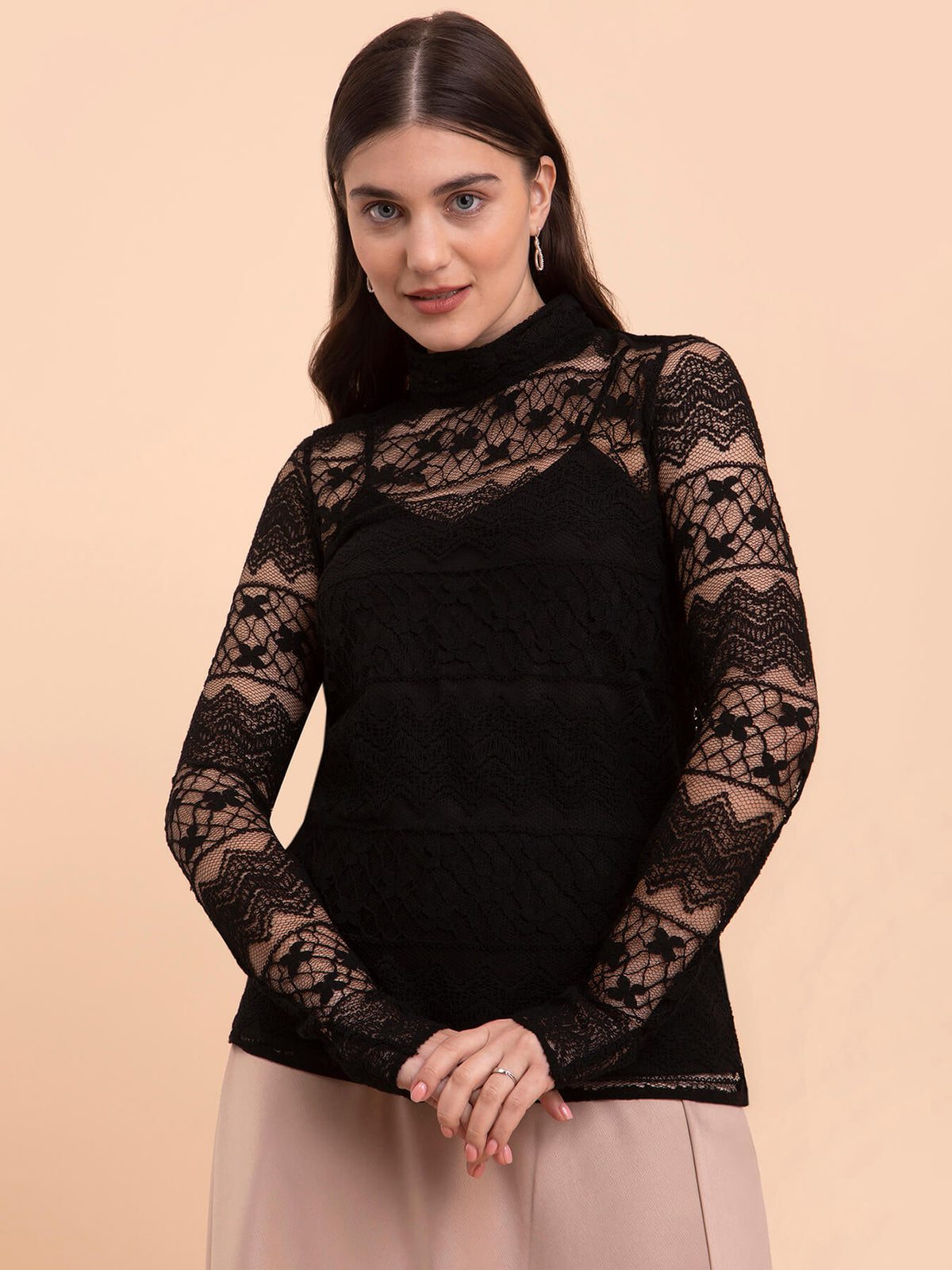 Ruched Neck Lace Top - Black