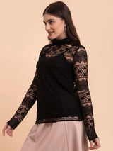 Ruched Neck Lace Top - Black