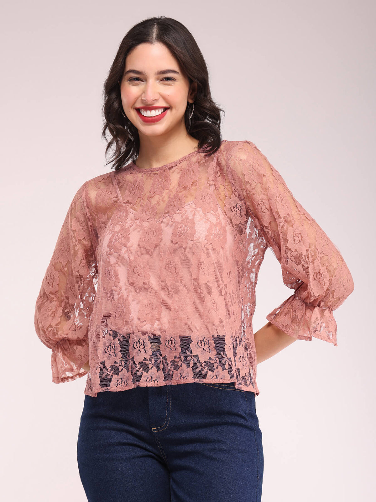 Crew Neck Lace Top - Pink