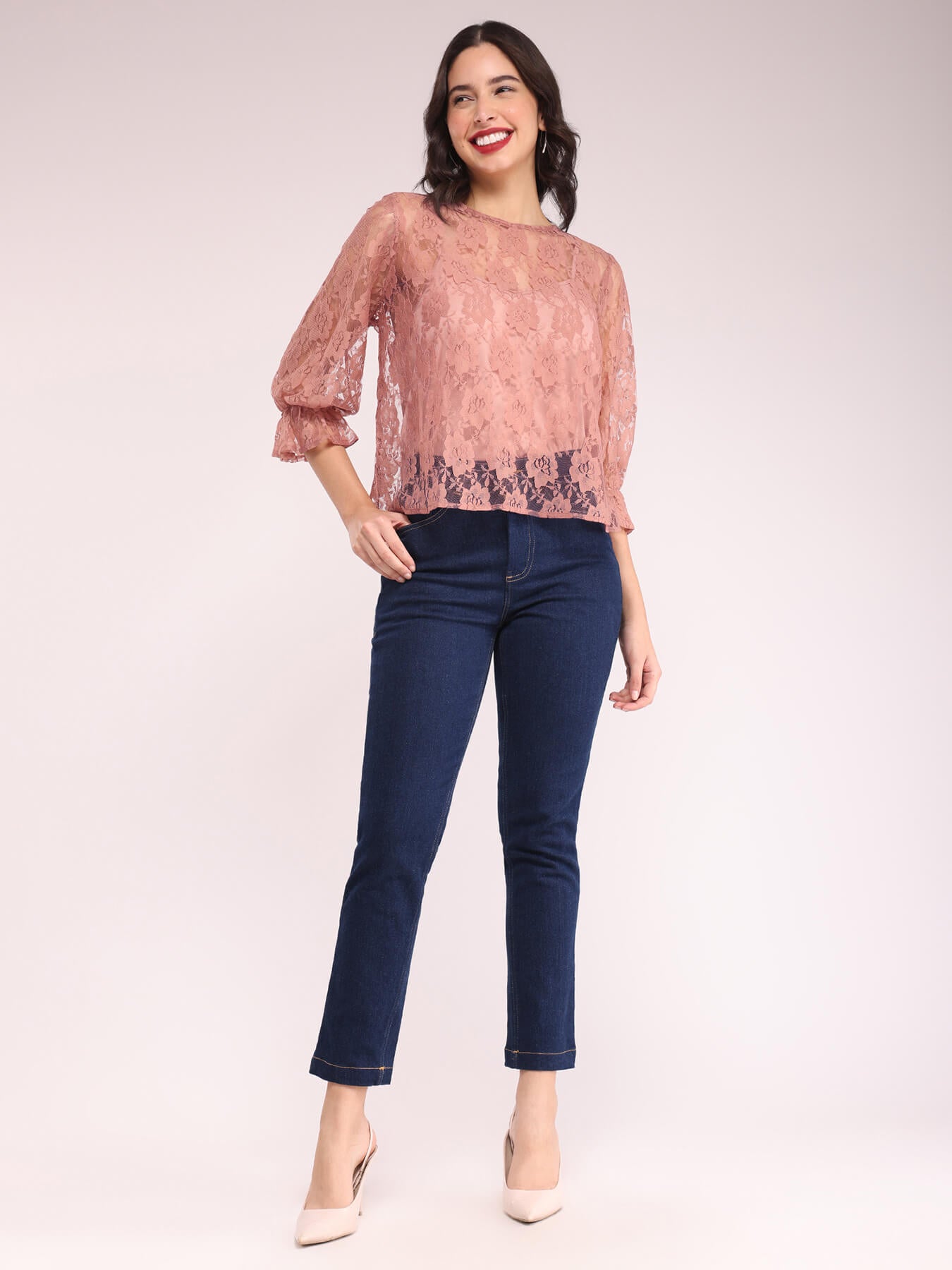 Crew Neck Lace Top - Pink