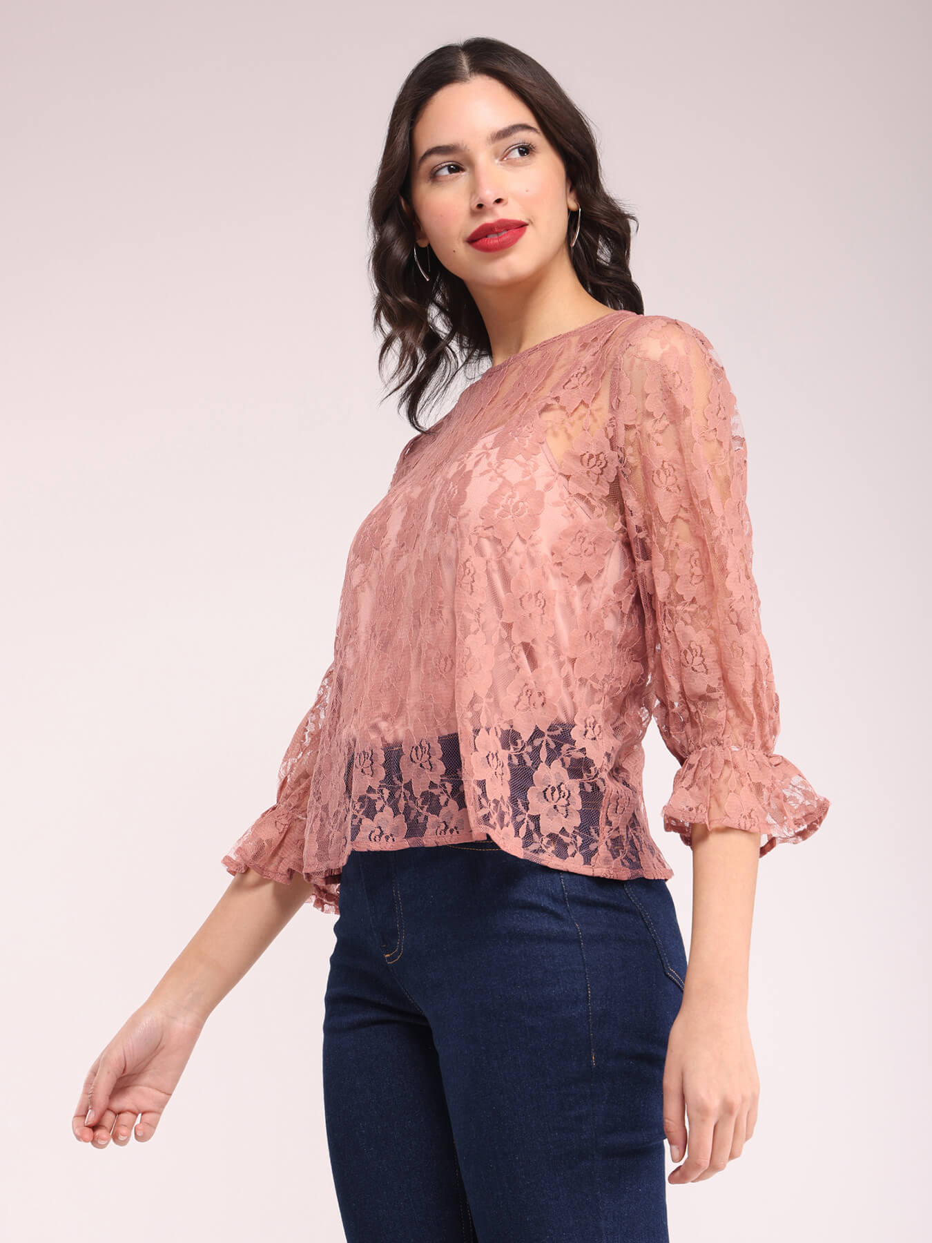 Crew Neck Lace Top - Pink