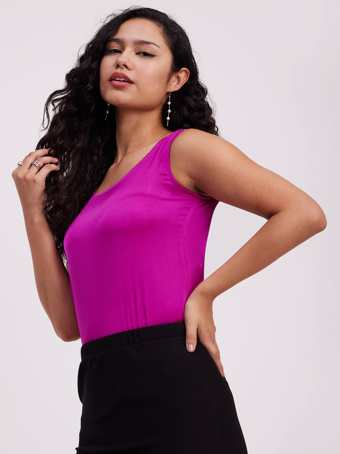Satin Round Neck Cami Top - Fuchsia