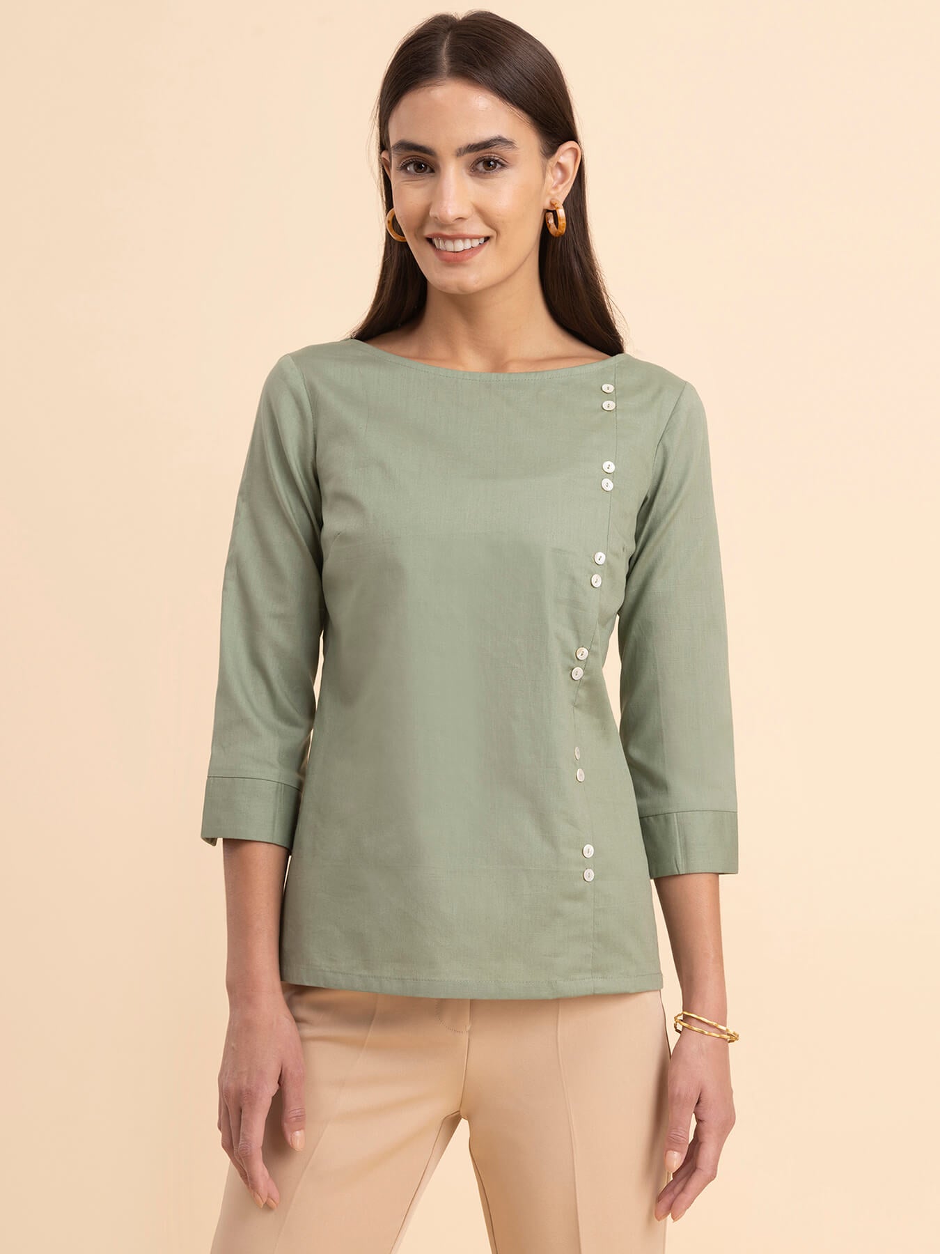 Linen Boat Neck Top - Sap Green