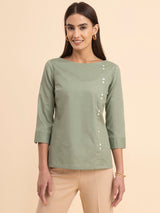 Linen Boat Neck Top - Sap Green