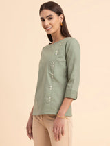 Linen Boat Neck Top - Sap Green