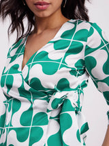 Satin V-Neck Wrap Top - Green And White