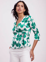 Satin V-Neck Wrap Top - Green And White