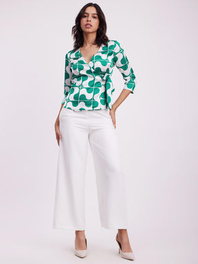 Satin V-Neck Wrap Top - Green And White