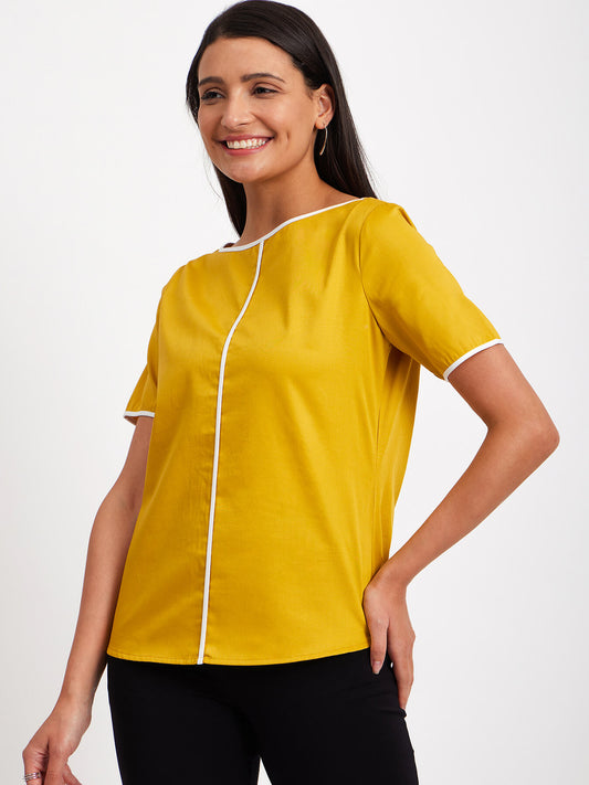 Boat Neck Colour Block Top - Mustard And White