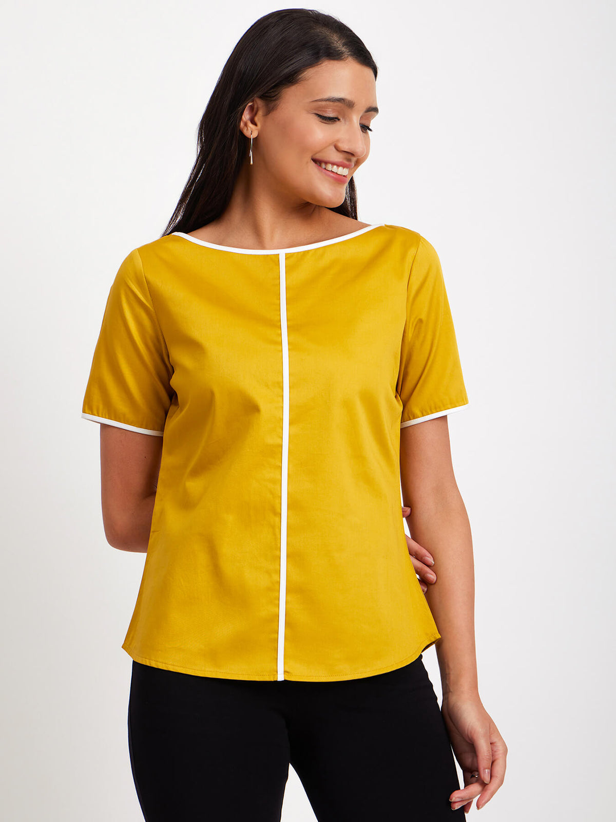 Boat Neck Colour Block Top - Mustard And White