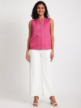 Mandarin Collar Colour Block Top - Pink And White