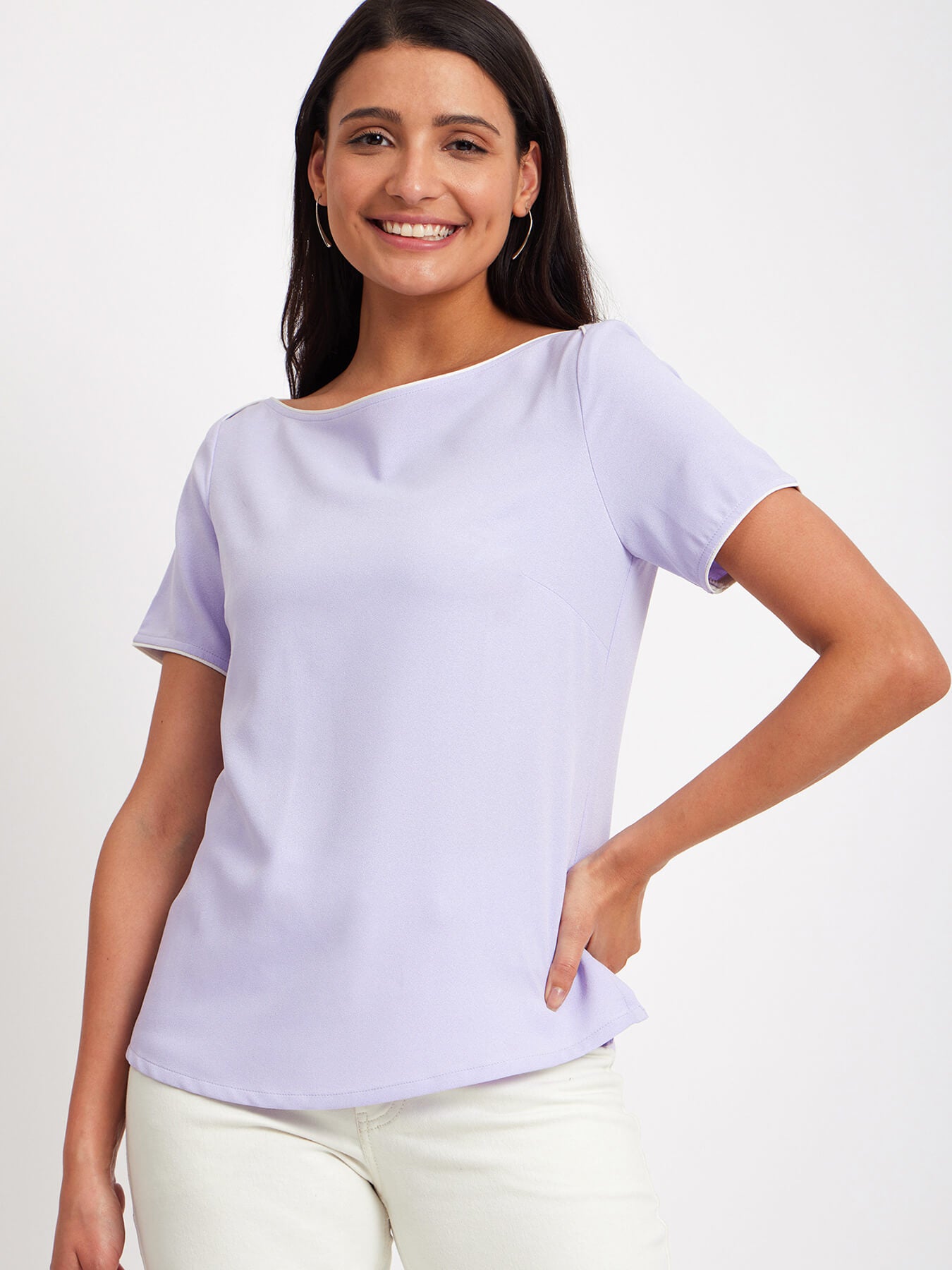 Boat Neck Colour Block Top - Lavender And White