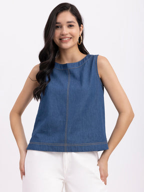 Denim Round Neck Sleeveless Top - Navy Blue