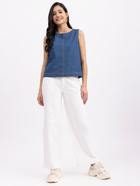 Denim Round Neck Sleeveless Top - Navy Blue