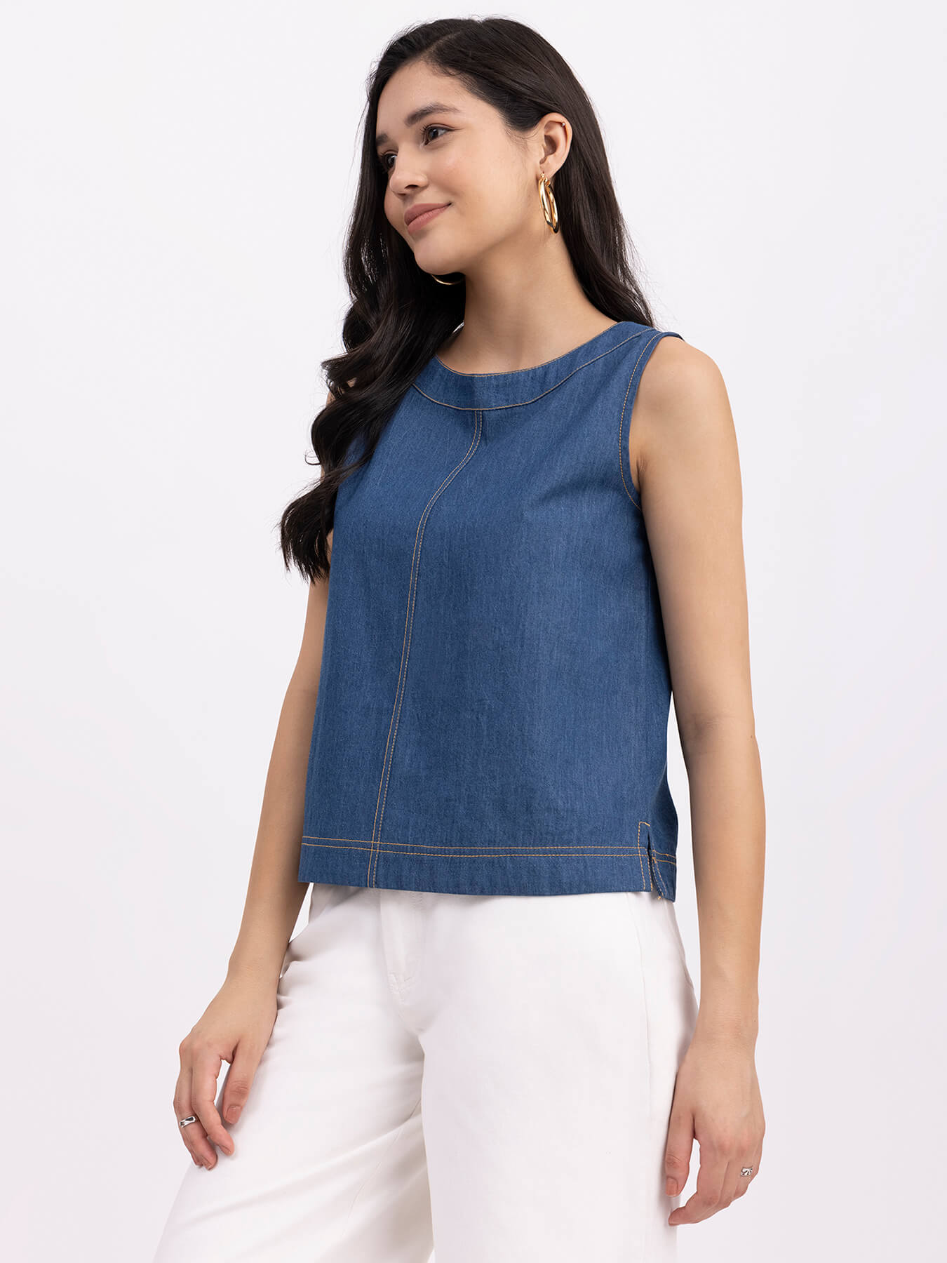 Denim Round Neck Sleeveless Top - Navy Blue