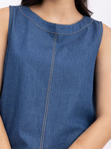 Denim Round Neck Sleeveless Top - Navy Blue