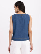 Denim Round Neck Sleeveless Top - Navy Blue