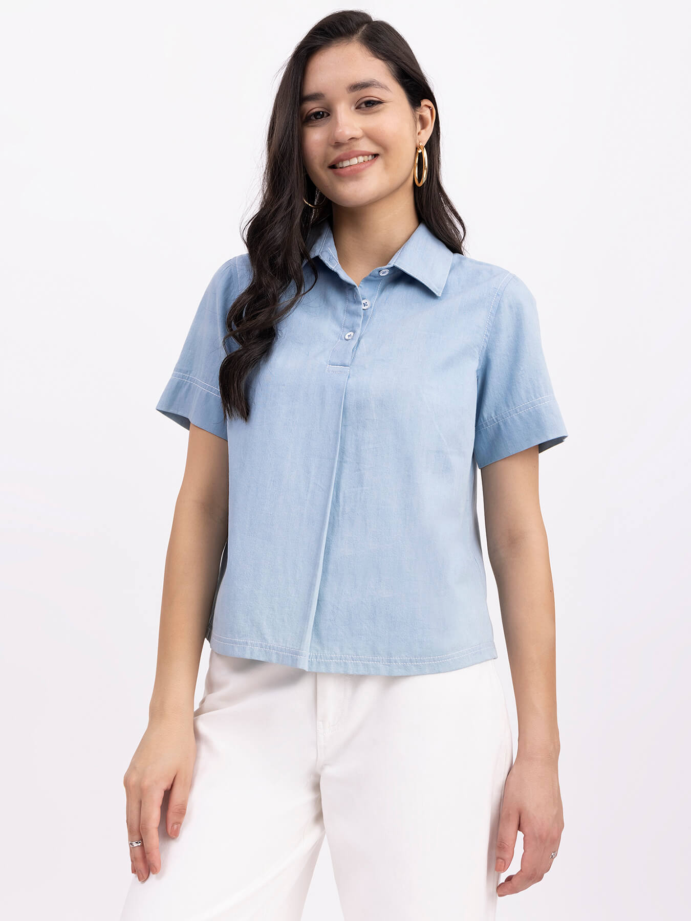 Denim Shirt Collar Top - Blue