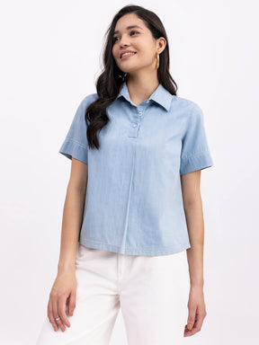 Denim Shirt Collar Top - Blue