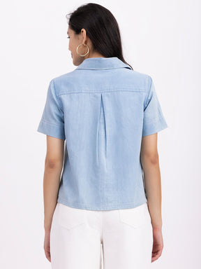 Denim Shirt Collar Top - Blue