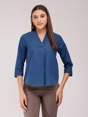 Denim V-Neck Top - Navy Blue