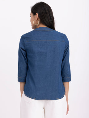 Denim V-Neck Top - Navy Blue