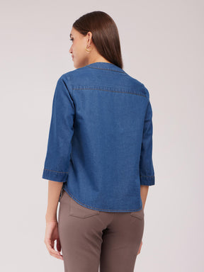 Denim V-Neck Top - Navy Blue