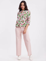 Floral Mandarin Collar Top - White And Pink