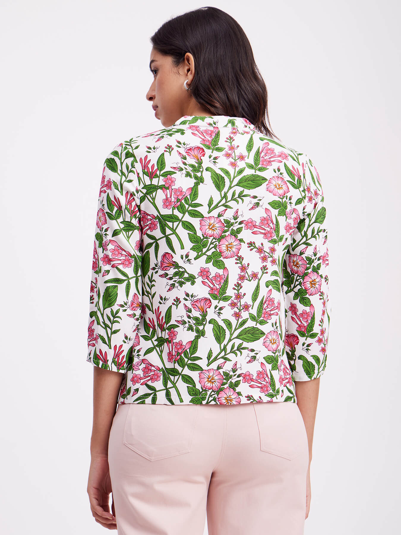 Floral Mandarin Collar Top - White And Pink