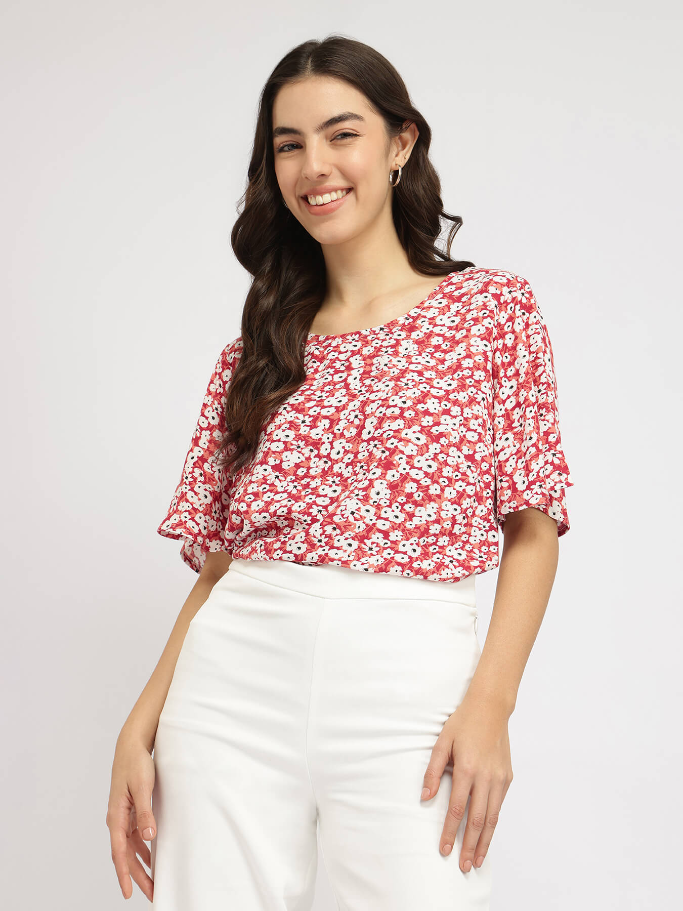 Floral Bell Sleeve Top - Maroon