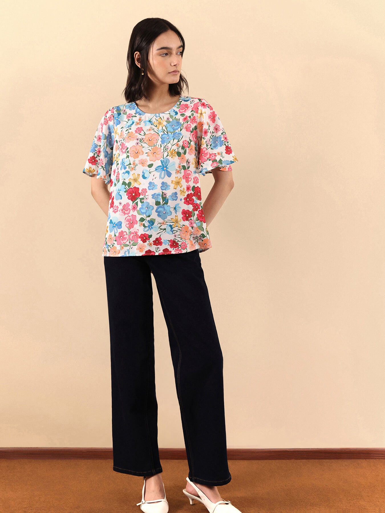 Floral Print Bell Sleeves Top - Multicolour