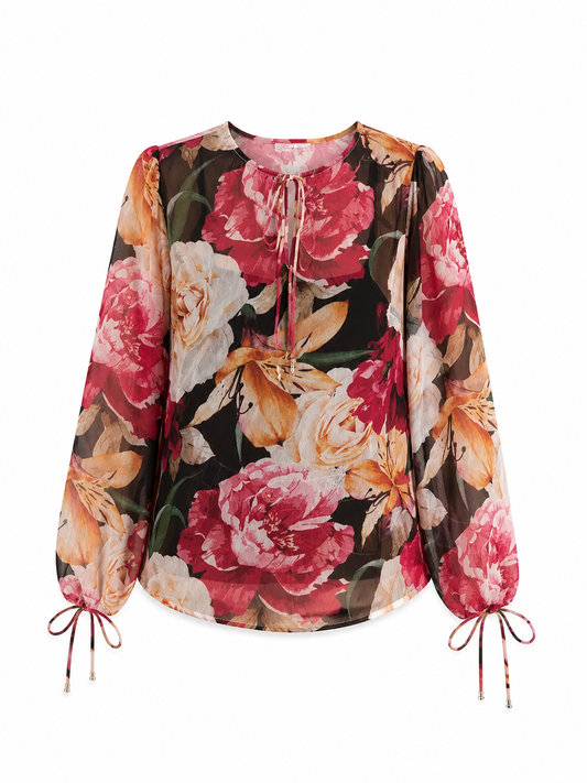 Floral Print Tie-Up Top - Black And Multicolour