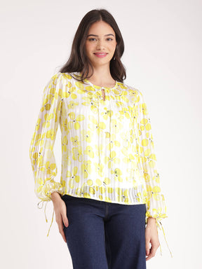 Floral Tie-up Top - Yellow And White