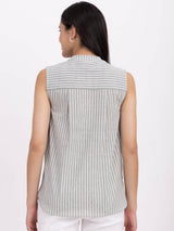 Cotton Yarn Dyed Sleeveless Top - Olive And Off White