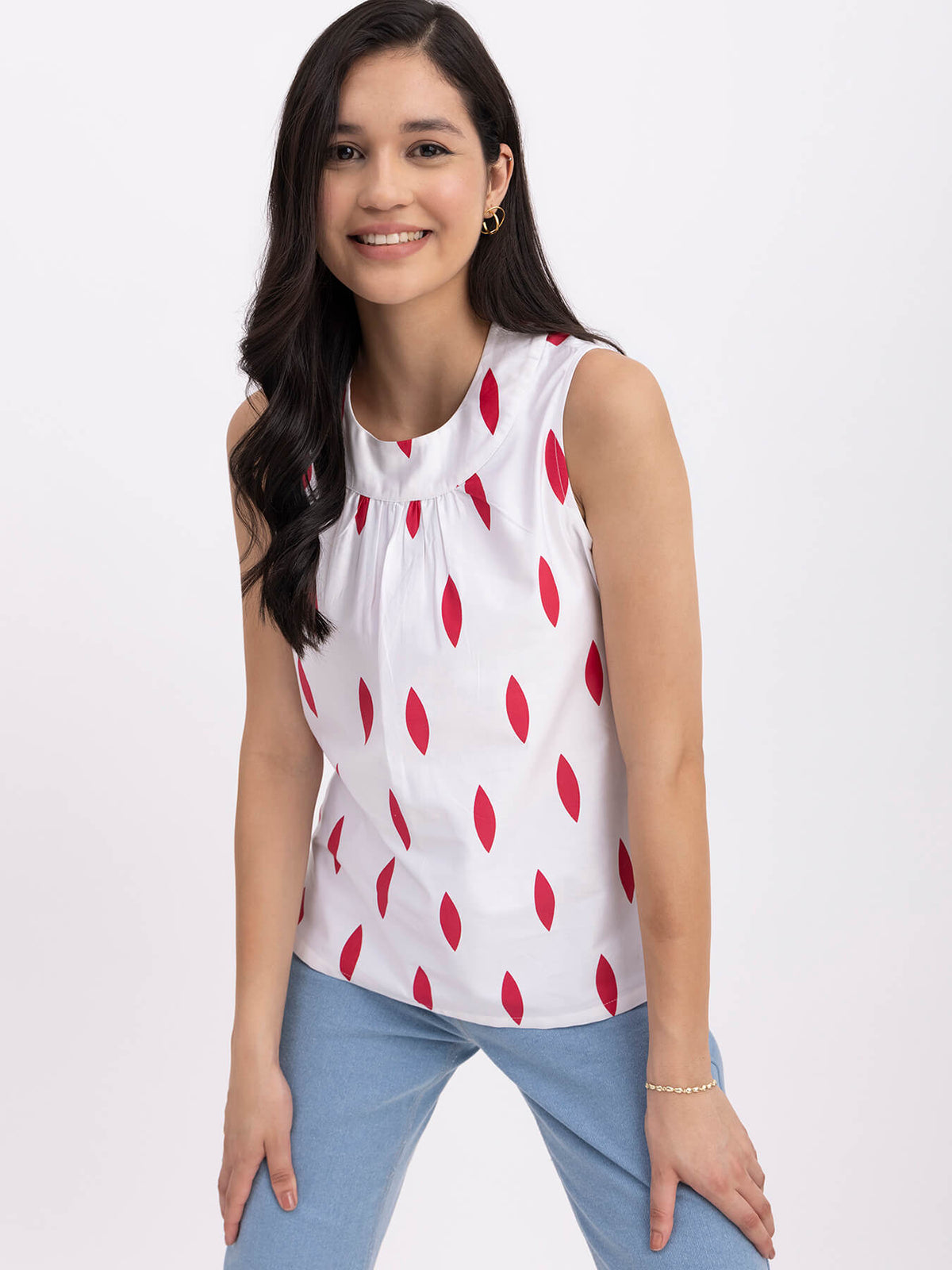 Cotton Geometric Print Top - White And Red