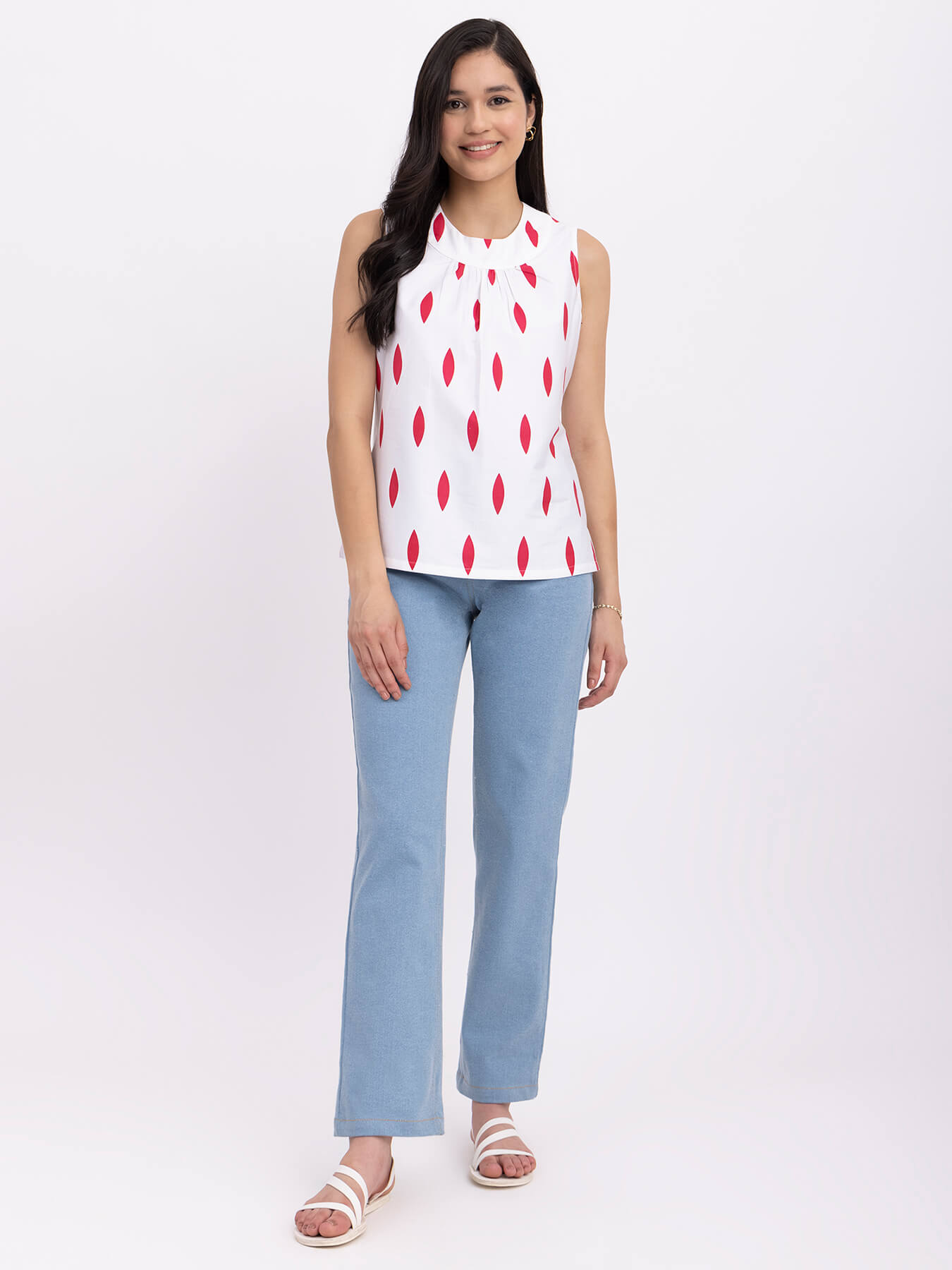 Cotton Geometric Print Top - White And Red