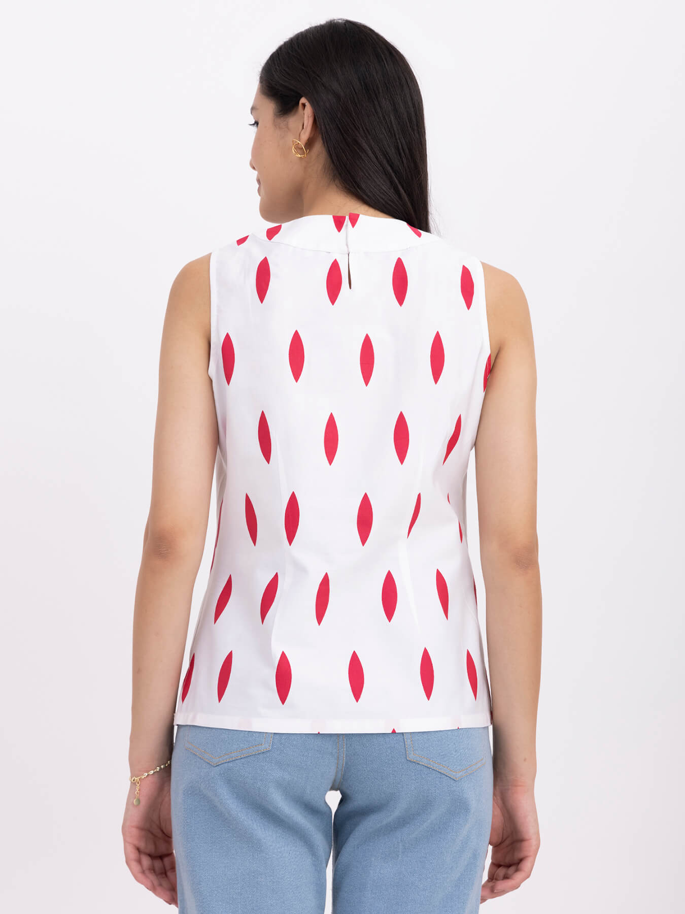 Cotton Geometric Print Top - White And Red