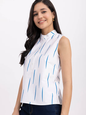 Cotton Mandarin Collar Top - White And Blue