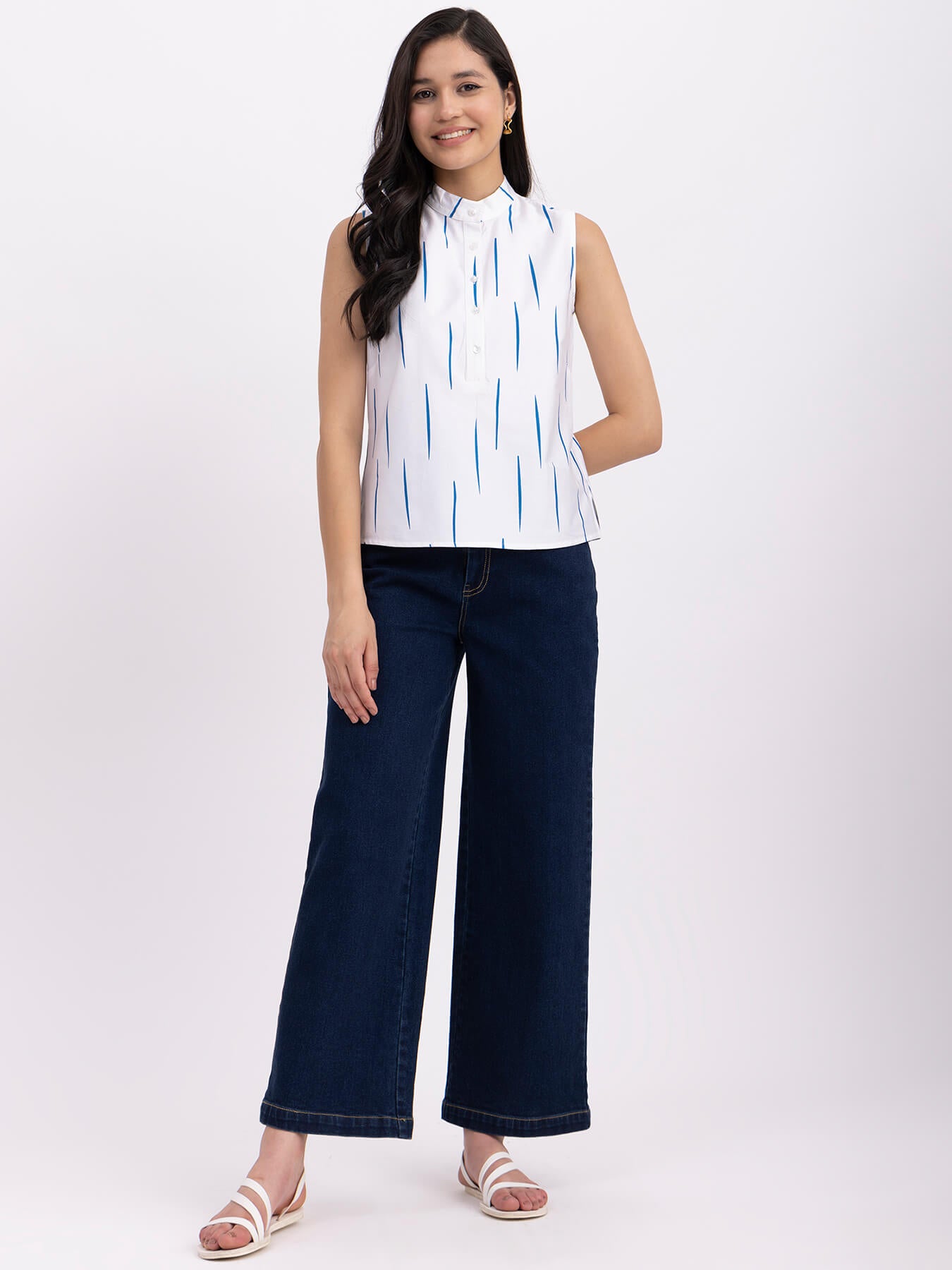 Cotton Mandarin Collar Top - White And Blue