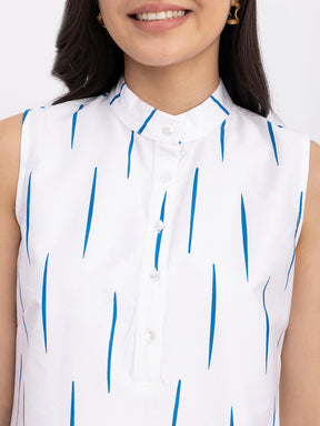 Cotton Mandarin Collar Top - White And Blue