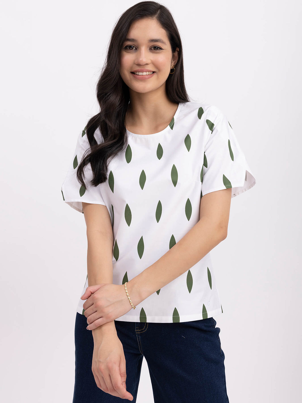 Cotton Slit Sleeves Top - White And Green