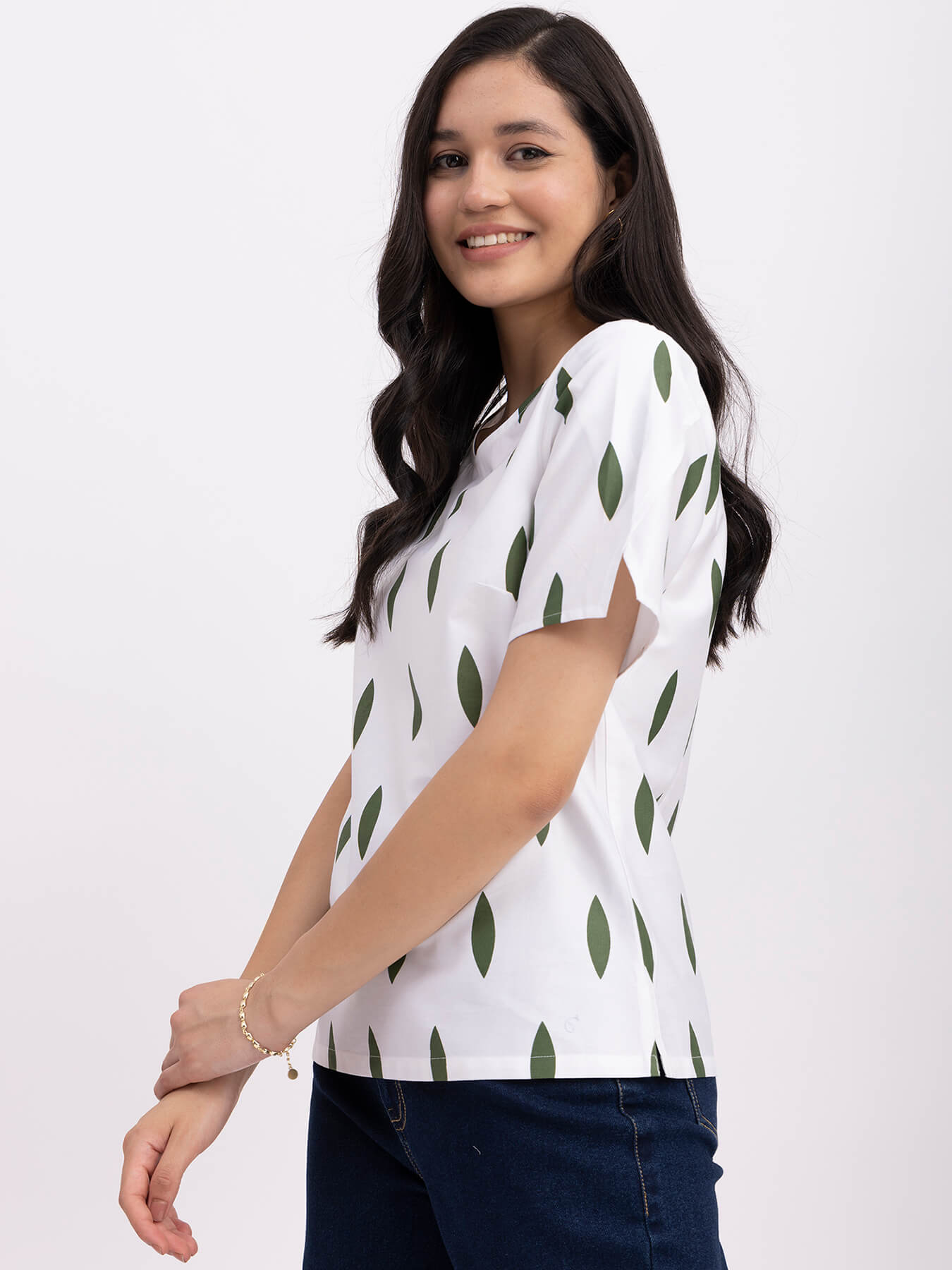 Cotton Slit Sleeves Top - White And Green