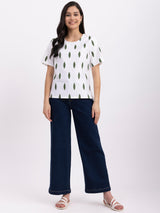 Cotton Slit Sleeves Top - White And Green