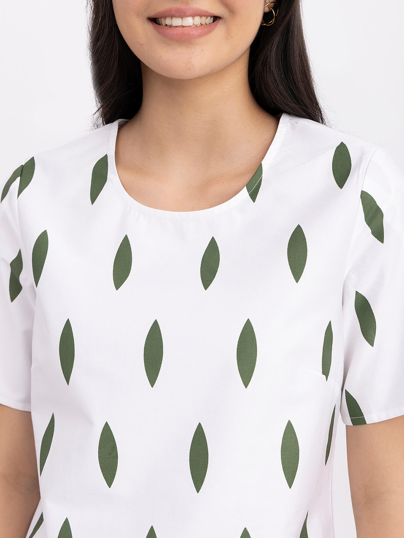 Cotton Slit Sleeves Top - White And Green